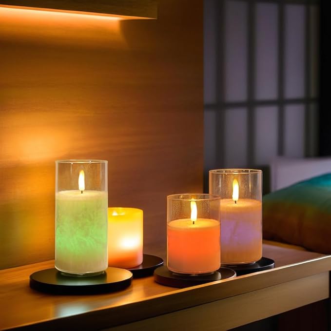 NICEME 3PCS LED Multi Colored Flameless Candles Acrylic Pillar Battery Operated Flickering Flame Color Changing Candles with Remote Control Real Wax Electric Fake Candles Ice Crystal, D3” x H4” 5" 6"