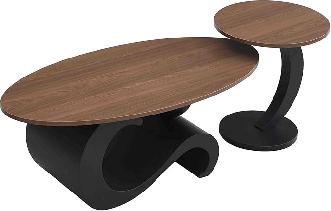 2 Piece Living Room Set, Modern Nest Coffee Table Set of 2, Wooden Brown Tabletop Oval Coffee and End Table Set with Black Metal Geometric Base