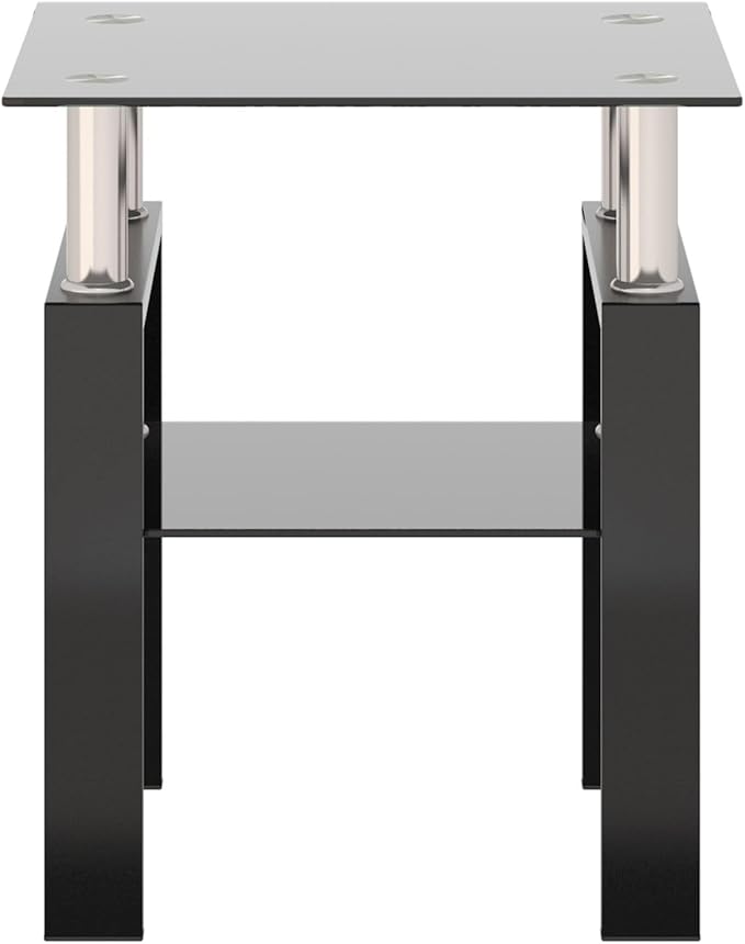 IANIYA Modern Glass End Table, 2-Tier Side Table with Tempered Glass Top & Metal Legs, Night Stand Corner Table for Living Room, Bedroom, All Black