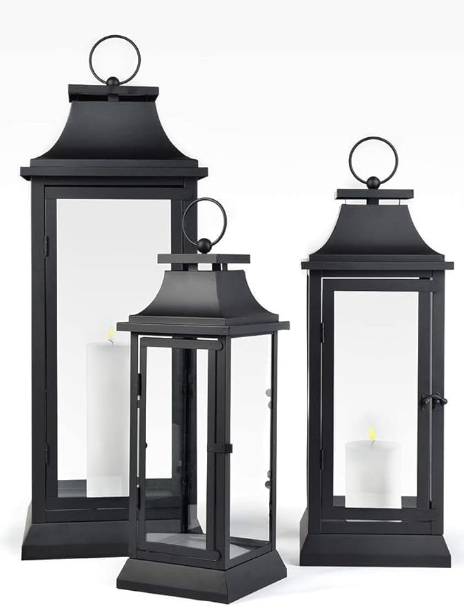 Serene Spaces Living Set of 4 Black Hurricane Lanterns with Clear Glass Panels - Ideal for Home Decor, Parties & Events - Table Top or Hanging Lantern for Indoor & Outdoor Use - Measures 15" Tall