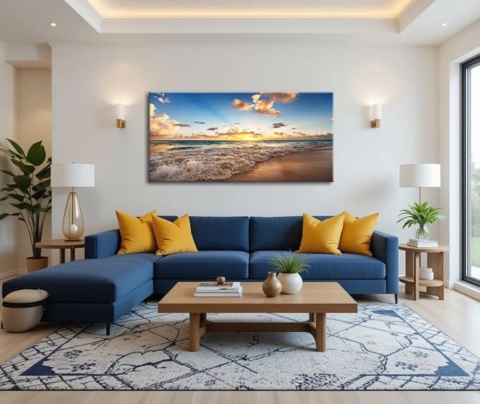 Large Beach Wall Art for Living Room Coastal Canvas Painting Decor - Sunrise Ocean Picture Nature Seascape Artwork Poster Print for Office Bedroom Decoration 24"x48"