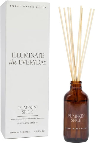Sweet Water Decor Pumpkin Spice Reed Diffuser Set for Home - Pumpkin, Cloves, Cinnamon, Vanilla Scented Reed Diffusers for Fall - Air Freshener Lasts 4+ Months, Made in The USA