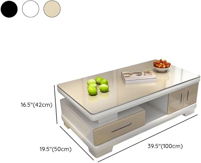 RUNNUP Modern Rectangular Glass Coffee Table with White Wood Base and Storage 2-Tier Coffee Table Accent Center Sofa Table for Living Room, Beige 39" L x 20" W x 17" H