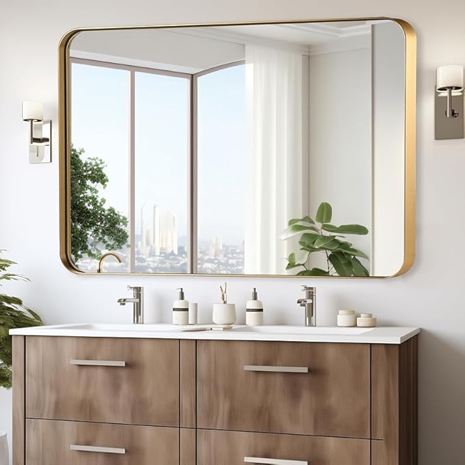 48x30 Inch Gold Bathroom Mirror, Brushed Metal Framed Rectangle Mirror with Rounded Corner, Gold Bathroom Vanity Mirror for Bedroom or Living Room, Horizontal/Vertical