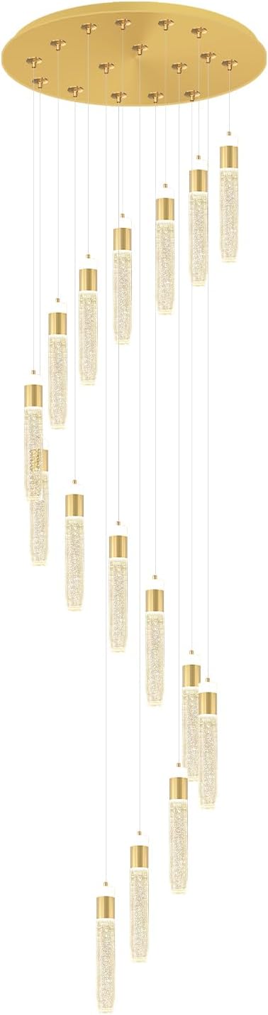 118inch Long Spiral Staircase Chandelier for High Ceilings Gold Crystal Bubble Column Chandeliers Large Foyer Ceiling Chandeliers (Led Dimmable 16 Light)