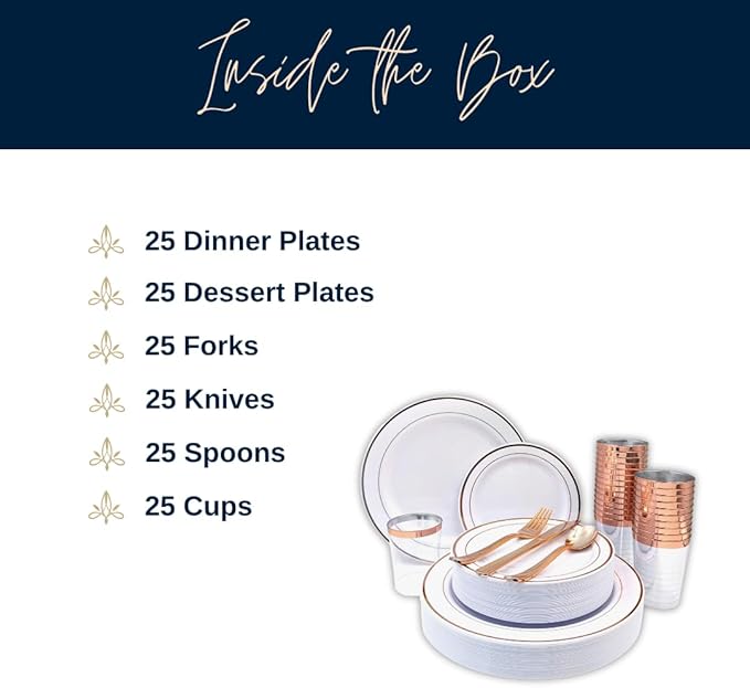 Tableware Dinnerware Set, Premium Heavyweight, Reusable or Disposable Party Plates, Includes Dinner Plate, Dessert Plate, Cutlery, and Cup (Rose Gold, 150-Piece Set, Serves 25 Guests)