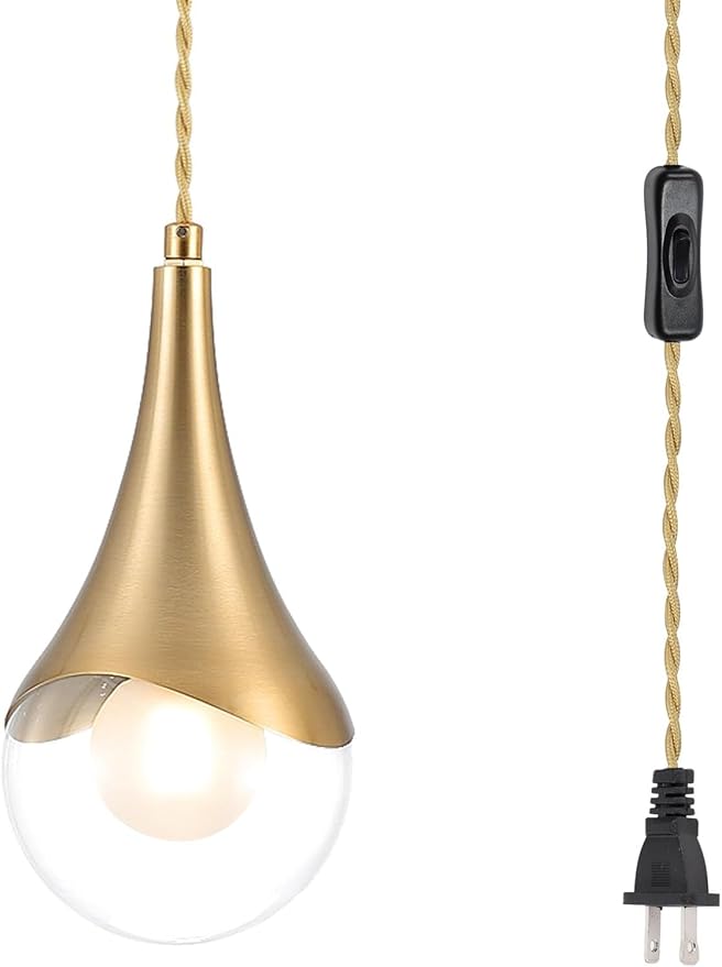 MWZ Gold Plug in Pendant Light,Hanging Lights with Plug in Cord On/Off Switch, Mini Brass Pendant Lights for Kitchen Island,Modern Raindrop Lamps Fixture with Globe Glass Shade for Bedroom