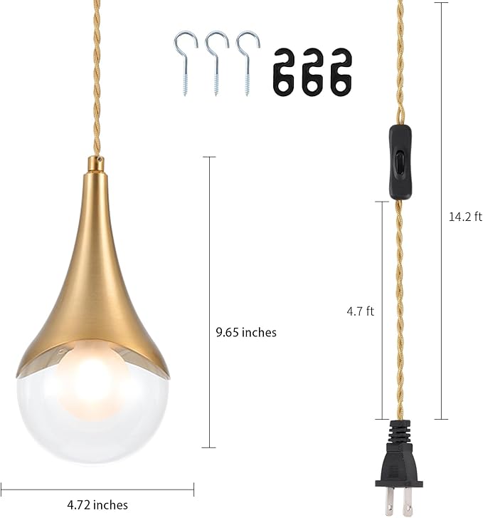 MWZ Gold Plug in Pendant Light,Hanging Lights with Plug in Cord On/Off Switch, Mini Brass Pendant Lights for Kitchen Island,Modern Raindrop Lamps Fixture with Globe Glass Shade for Bedroom