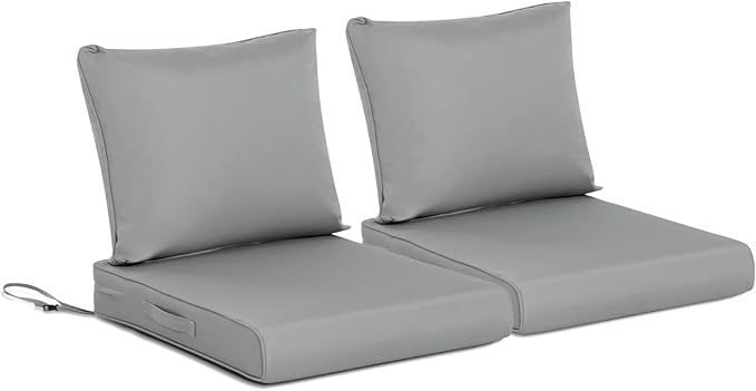 BPS 23x26 Inch Deep Seat Outdoor Cushions Set of 2, Gray Fade-Resistant and Water-Resistant Patio Chair Cushions for Wicker Chairs, Sofas, Love Seats