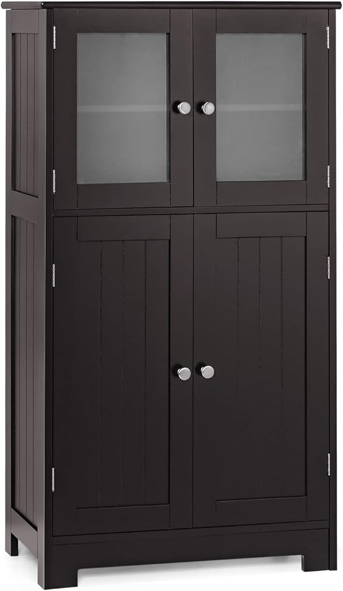GOFLAME Bathroom Storage Cabinet, Freestanding Storage Cabinet with 4 Doors, Wooden Kitchen Cupboard with Adjustable Shelf, Buffet Sideboard, Multipurpose Home Organizer for Bathroom, Kitchen, Brown