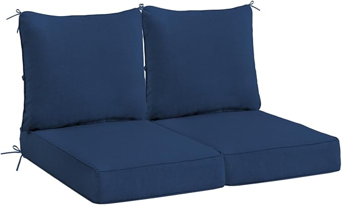 Sundale Outdoor Olefin Deep Seat Cushion Set of 2, Patio Chair Cushion and Pillow, Water-Resistant Sectional Sofa Pad with Straps Dark Blue, 24 x 24 x 4 Inches