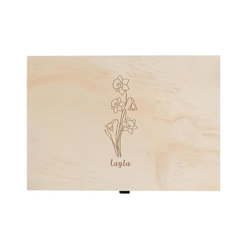 Personalized Birth Flower Memory Box Custom Engraved Wooden Keepsake Chest with Floral Design - Storage Boxes for Jewelry Photos Memento Keepsakes Customized Gifts for Women Birthday Mother's Day