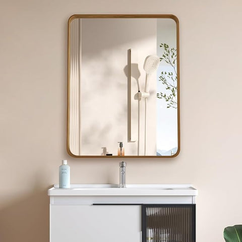Wood Grain Colored 24x36 Inch Metal Framed Mirror for Wall, Large Rounded Rectangle Mirror, Anti-Rust, Tempered Glass, Hangs Horizontally or Vertically
