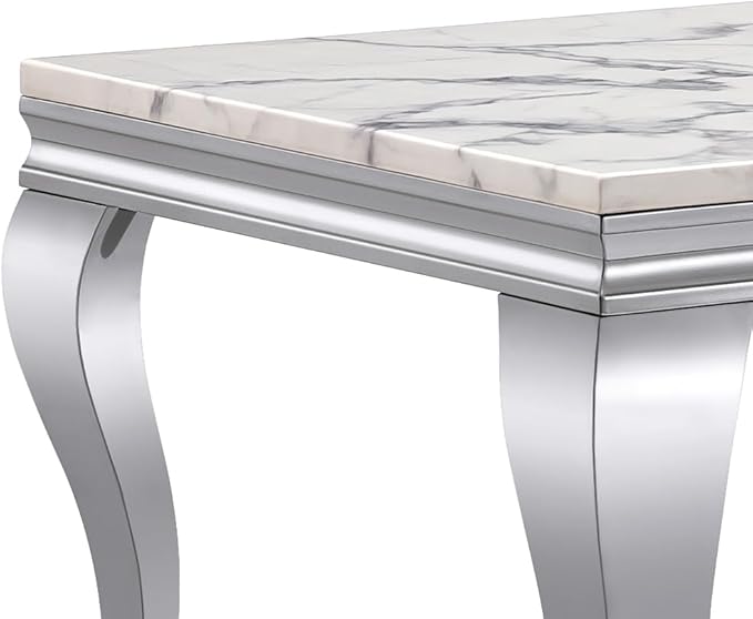 SSLine Rectangular Faux Marble Coffee Table for Living Room Modern Luxury White Marble Center Table with Silver Curved Legs 46.8" Mid-Century Cocktail Table with Mirrored Stainless Steel Frame