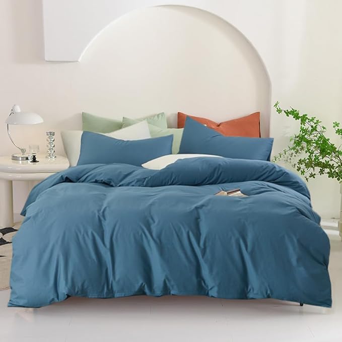 Pureant Blue Comforter Set California King Dusty Blue Bedding Comforter Sets for Women Men Cotton Lake Blue Cal King Comforter Soft Grayish Comforter Sets Solid Color Quilt
