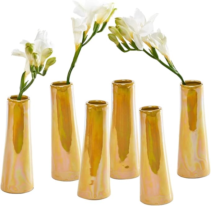 Chive - Set of 6 Galaxy, Small Cylinder Ceramic Bud Flower Vase, Unique Single Flower Decorative Floral Vase for Home Decor, Bulk (Yellow)