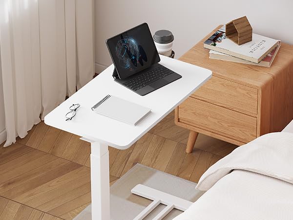 Medical Overbed Adjustable Bedside Table with Hidden Casters, Mobile Pneumatic Rolling Laptop Standing Desk with Tray for Home & Hospital Use, White Table Top + White Edging
