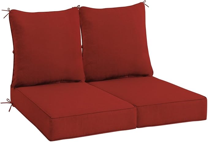 Sundale Outdoor Olefin Deep Seat Cushion Set of 2, Patio Chair Cushion and Pillow, Water-Resistant Sectional Sofa Pad with Straps Red, 23 x 26 x 4 Inches
