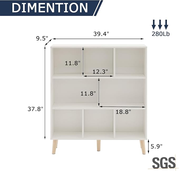 8 Cube Wood Bookshelf, 3 Tier Modern Bookcase with Legs, Open Display Cubby Bookshelf Freestanding Book Shelves for Home Office, Living Room, Bedroom, Brown