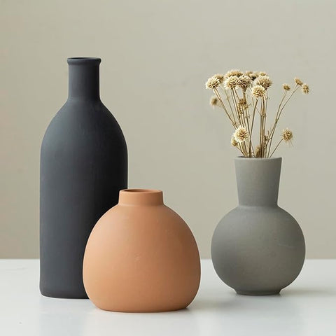 Modern Ceramic Vase Set of 3, Decorative Flower Vases for Home, Multicolor Pottery Vases for Living Room, Kitchen, Bedroom, Shelf, Rustic Farmhouse (Black Mix)
