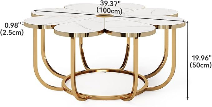 LITTLE TREE 39.37-Inch White and Gold Coffee Table, Modern Flower-Shaped Center Table with Faux Marble Top & Metal Frame, Floral Accent Coffee Table for Living Room, Bedroom, Lounge
