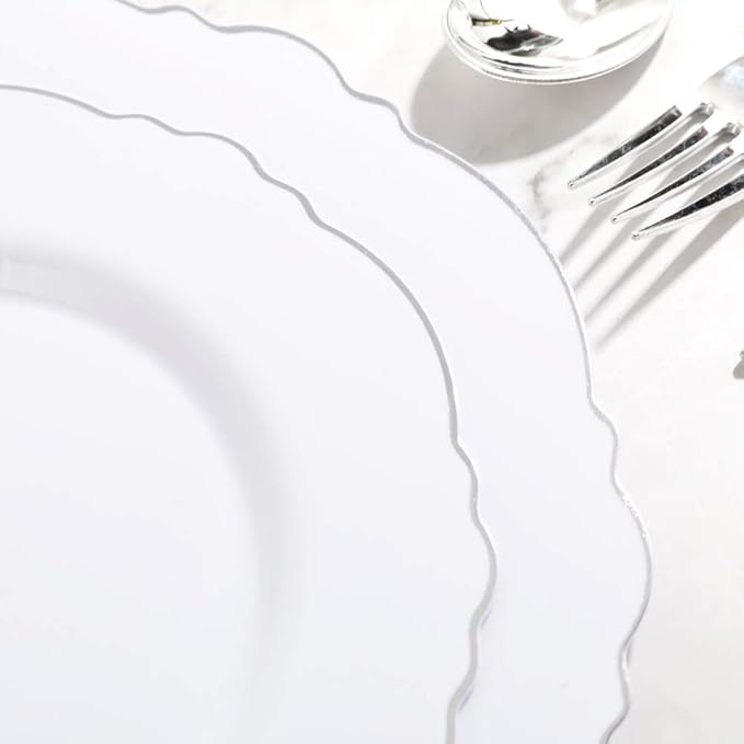 WDF 60pcs Silver Plastic Plates-Baroque White &Silver Plates for Upscale Parties &Wedding-including 30Plastic Dinner Plate 10.25inch, 30 Salad Plate 7.5inch