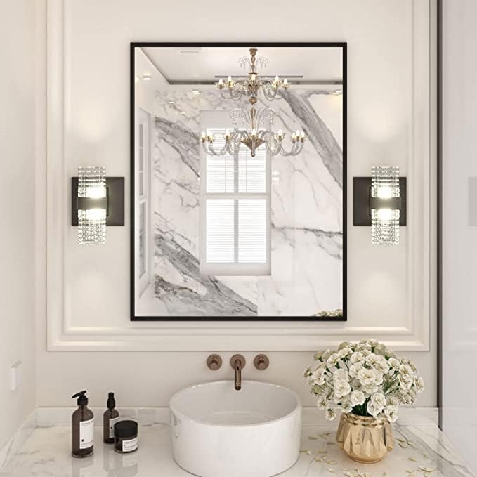 LOAAO 28"X36" Black Rectangle Bathroom Mirror Wall, Matte Black Aluminum Alloy Frame, Tempered Glass, Hangs Vertically or Horizontally, Easy to Install