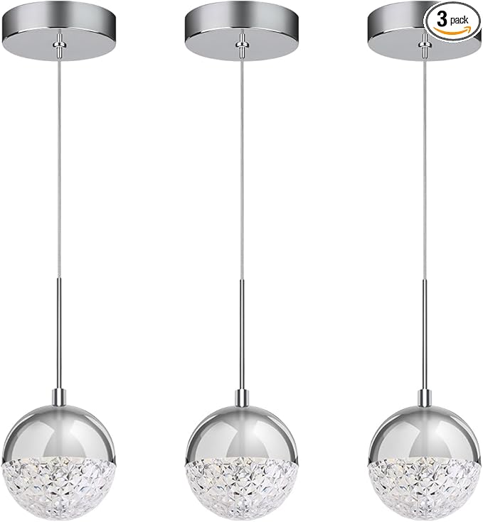 Pendant Lights Kitchen Island Chrome, Height Adjustable Modern LED Pendant Lighting, Crystal Globe Chandelier for Dining Room, 8W, 3000K/4000K/5000K Selectable, Dimmable, ETL 3-Pack