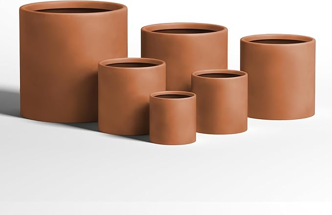 DTY Signature Mount Powell Fiberstone Planter - 14 Inch Large Terracota Cylindrical Mid-Century Modern Home Decor Indoor & Outdoor Plant Pot - Durable Planters for Indoor Plants, Outdoor Spaces