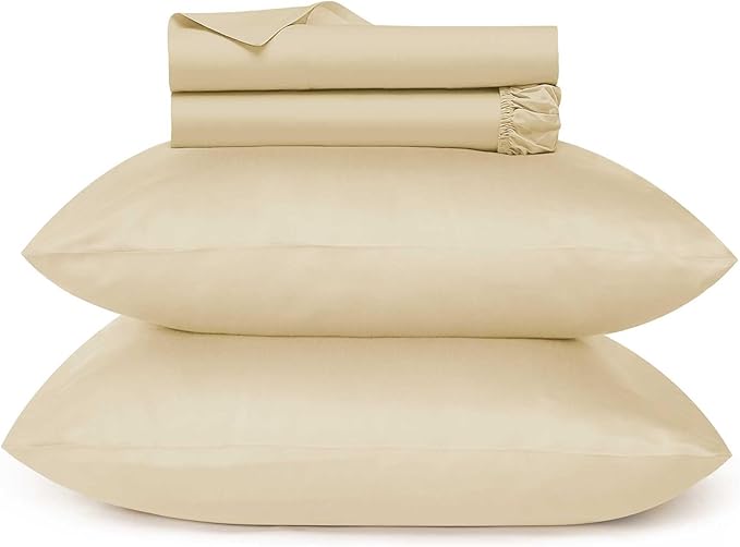 URBANHUT 700 Thread Count Egyptian Cotton Sheets Twin Size, 4Pc Sheet Set Soft Luxury Bed Sheets for Twin Size Bed, Sateen Weave Hotel Sheets, 14'' Elasticized Deep Pocket - Sand