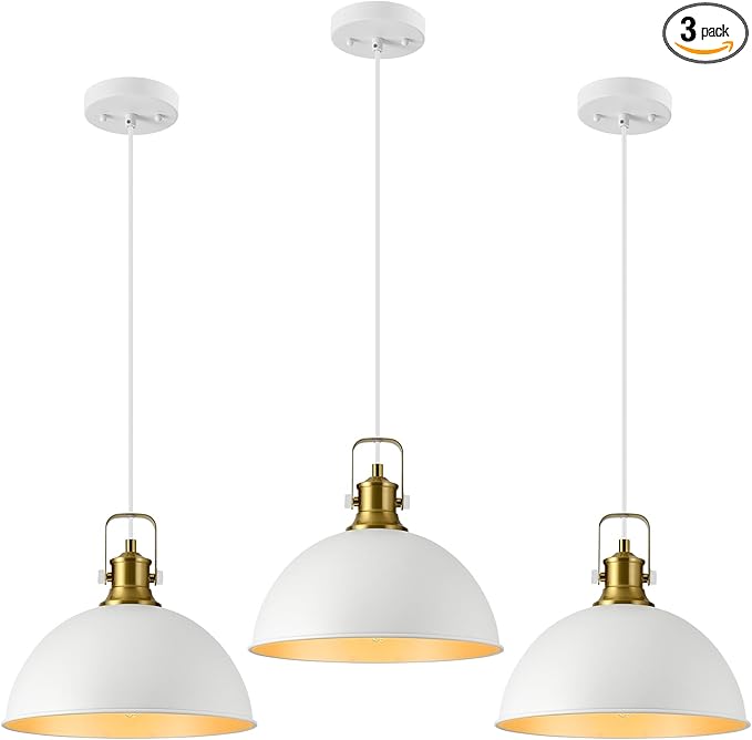 12 Inch White Farmhouse Pendant Lights for Kitchen Island Industrial Pendant Lighting Adjustable Height Vintage Dome Hanging Light Fixtures for Barn, Dining Room