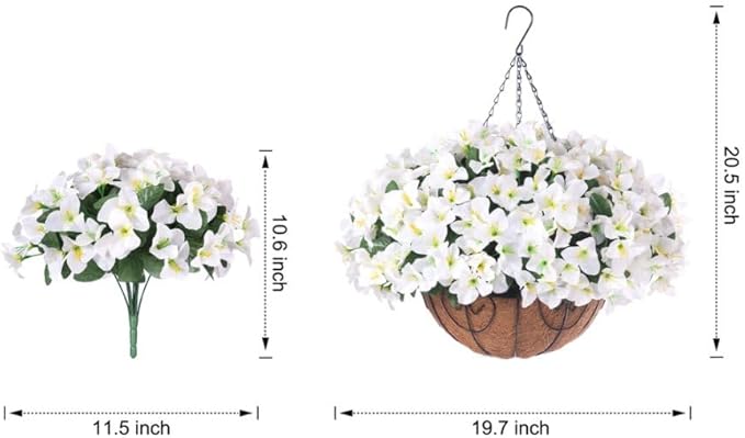 Artificial Hanging Flowers Plant with Basket for Outdoors, Fake Hanging Plants Silk Bougainvillea in Planter Look Real UV Resistant Faux Flower for Porch Patio Garden Home Decor (White-New)