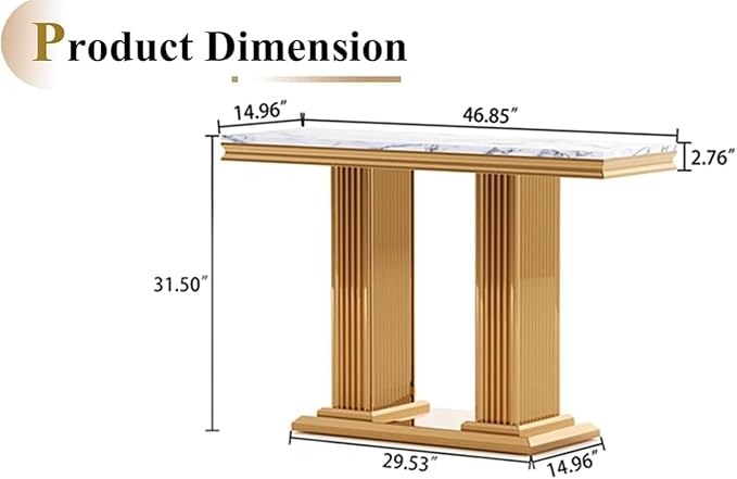 SSLine Modern White Faux Marble Console Table Luxury Entryway Table with Gold Pedestal Base 46.8" Mid-Century Elegant Sofa Table w/Mirrored Stainless Steel Frame for Living Room Hallway