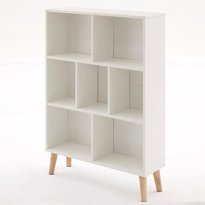 7 Cube Wood Bookshelf, 3 Tier Modern Bookcase with Legs, Open Display Cubby Bookshelf Freestanding Book Shelves for Home Office, Living Room, Bedroom, White