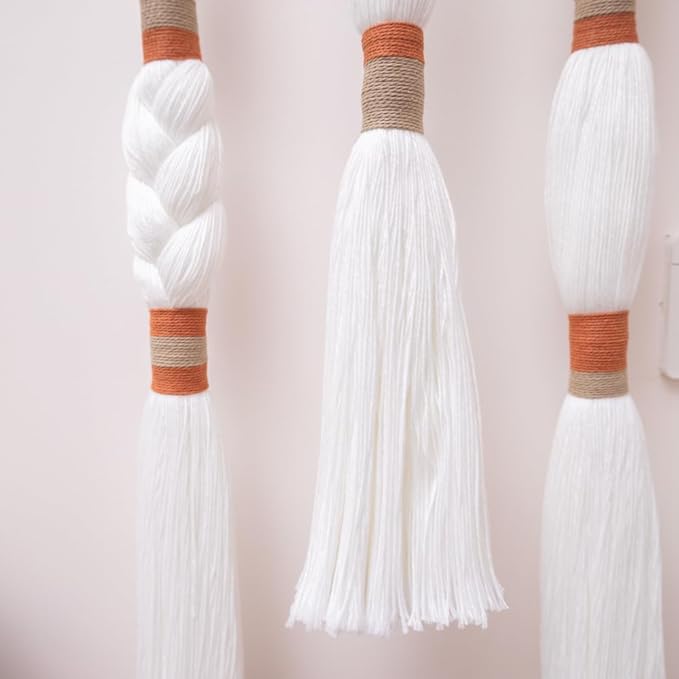 Remmdan Macrame Wall Hanging: Boho Wall Decor, Textile Tassel Wall Hanging, Fiber Yarn Boho Wall Art for Living Room Bedroom, 32" L x 1.8" W x 6 Pcs, White and Orange