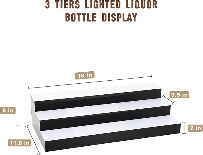 FAHKNS LED Lighted Liquor Bottle Display, 3 Tiers 16 Inch LED Liquor Shelves with RF Remote, Liquor Bottle Accessories Shelf for Home Bar, 16 Static Colors 4 Dynamic Mode