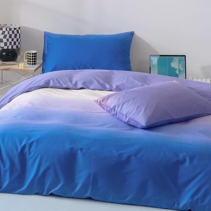 CLOTHKNOW Blue Purple Comforter Set California King Gradient Blue Bedding Comforter Sets Cal King Purple White Bed Comforter Soft
