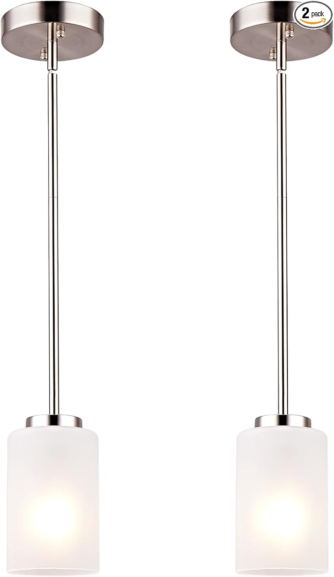 1-Light Mini Pendant Light Fixtures, Industrial Chandelier Hanging Ceiling Light with Opal White Shades, Adjustable Height, Brushed Nickel Pendant Lighting for Kitchen Bedroom Hallway, 2 Pack