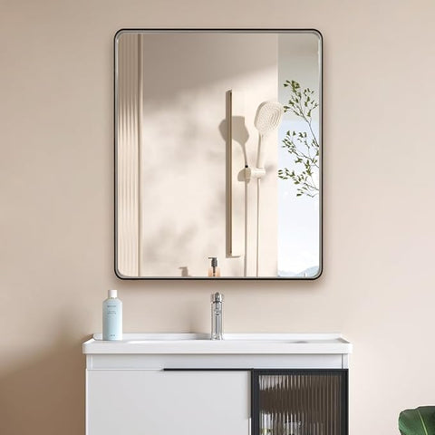 Brushed Nickel 24x36 Inch Metal Framed Mirror for Wall, Large Rounded Rectangle Mirror, Anti-Rust, Tempered Glass, Hangs Horizontally or Vertically