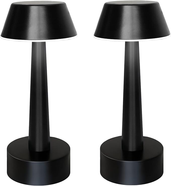 UMEXUS 2 Pack Rechargeable Small Cordless Table Lamp, LED Battery Operated Touch 3 Color Dimming Bedside Nightstand Desk Lamps Metal Portable Night Lights for Bedroom Bar Restaurant Outdoor Black