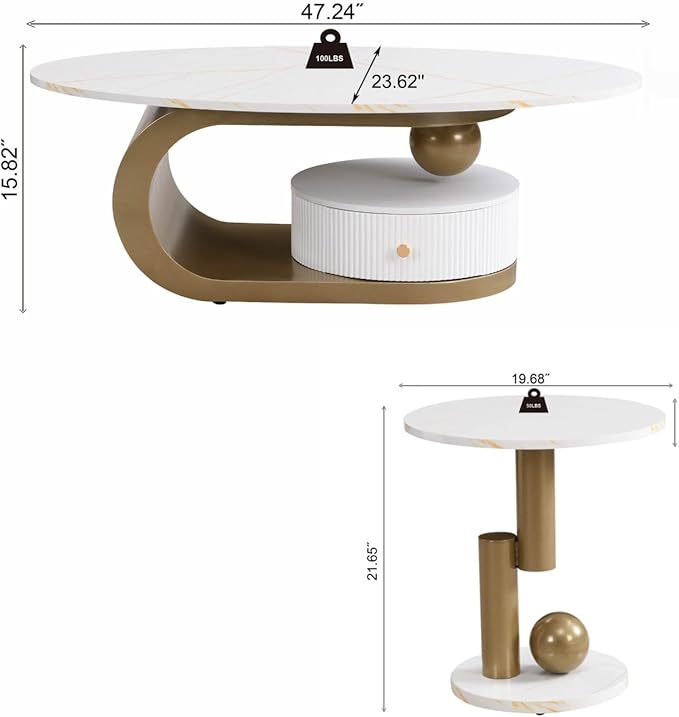2 Piece Living Room Set, Storage Drawer, Faux Marble Tabletop, Modern Nest Coffee Table Set of 2, White and Gold Oval Coffee and End Table Set with Iron Geometric Base