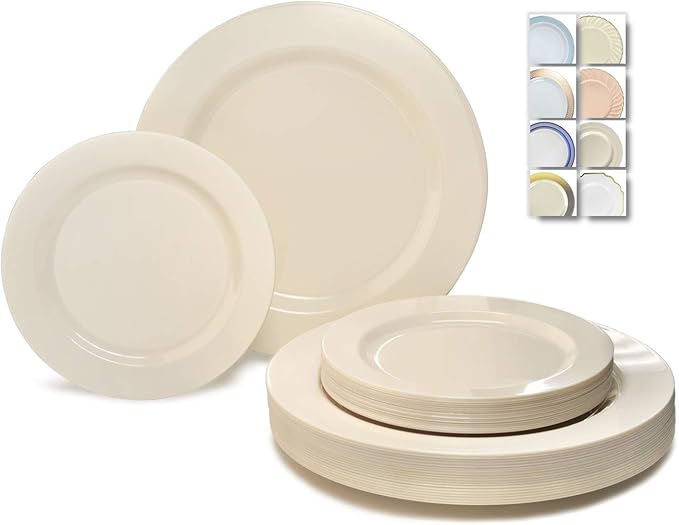 " OCCASIONS " 240 Plates Pack,(120 Guests) Heavyweight Wedding Party Disposable Plastic Plates Set -120 x 10.5'' Dinner + 120 x 7.5'' Salad/Dessert (Plain Ivory)