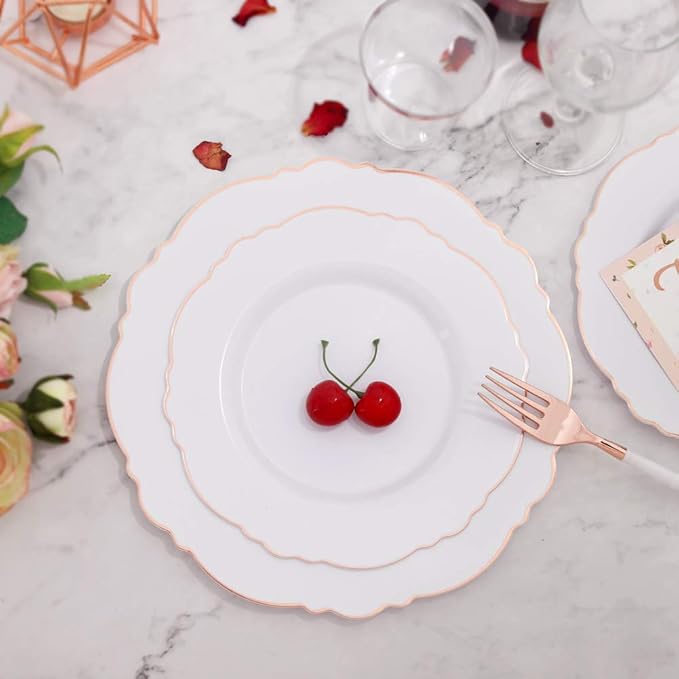 WDF 60pcs Rose Gold Plastic Plates-Baroque White &Rose Gold Disposable Plates including 30Plastic Dinner Plates 10.25inch, 30 Salad Plates 7.5inch for Wedding & Parties