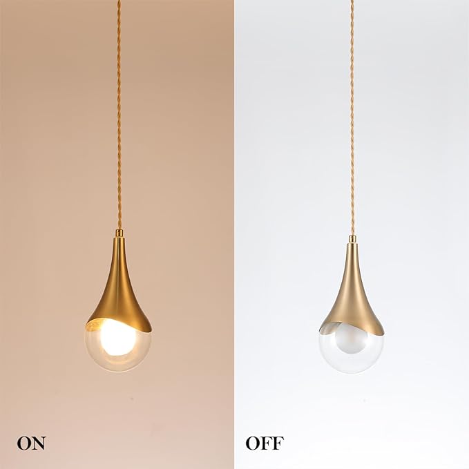 MWZ Gold Plug in Pendant Light,Hanging Lights with Plug in Cord On/Off Switch, Mini Brass Pendant Lights for Kitchen Island,Modern Raindrop Lamps Fixture with Globe Glass Shade for Bedroom
