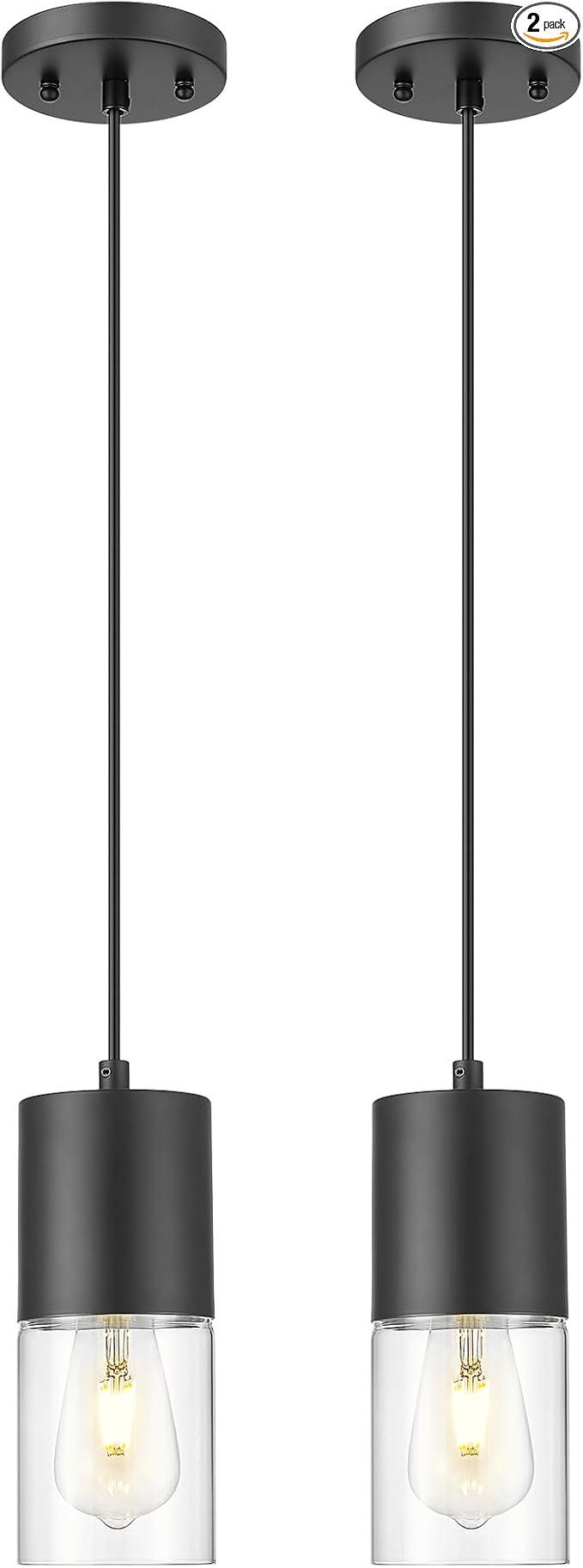 2-Pack Pendant Lights Kitchen Island, Matte Black Hanging Lights Fixtures with Cylinder Clear Glass, Modern Kitchen Pendant Lighting Over Island for Dining Room, AD-24023-1P2-BK