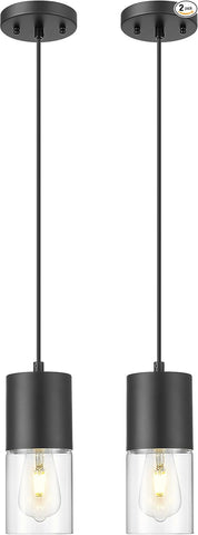 2-Pack Pendant Lights Kitchen Island, Matte Black Hanging Lights Fixtures with Cylinder Clear Glass, Modern Kitchen Pendant Lighting Over Island for Dining Room, AD-24023-1P2-BK