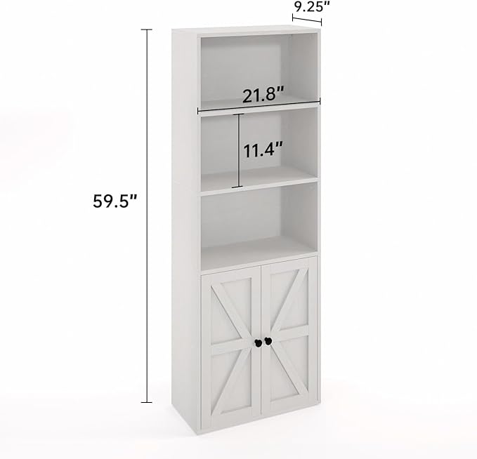 5 Tier Bookshelves and Bookcase with Doors Industrial Set of 2 Double Wide Floor Standing Book Shelf 59" Tall Display Shelves Bookshelf with Storage Cabinets for Living Room, White