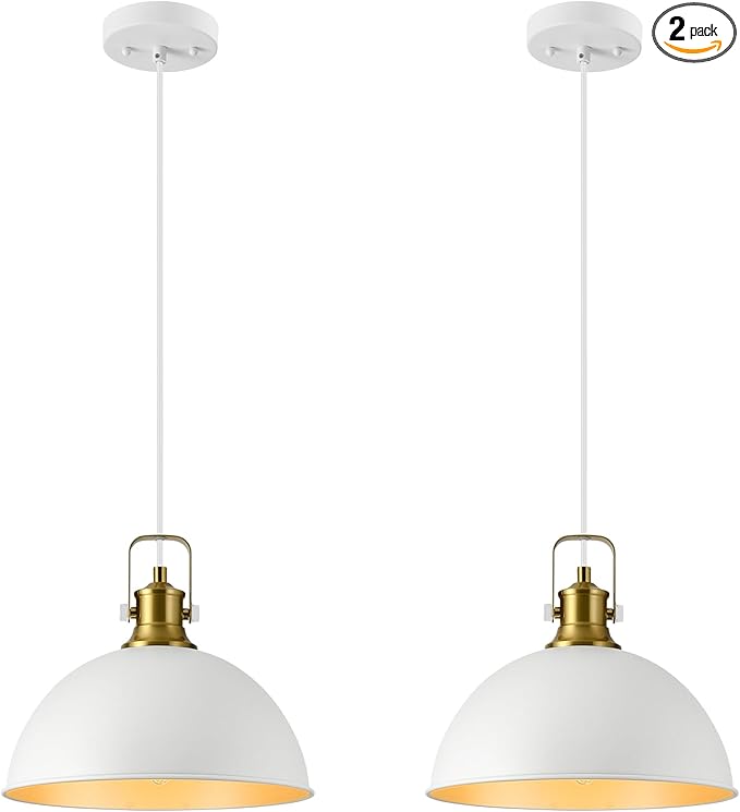 12 Inch White Farmhouse Pendant Lights for Kitchen Island Industrial Pendant Lighting Adjustable Height Vintage Dome Hanging Light Fixtures for Barn, Dining Room 2 Packs