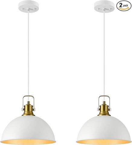 12 Inch White Farmhouse Pendant Lights for Kitchen Island Industrial Pendant Lighting Adjustable Height Vintage Dome Hanging Light Fixtures for Barn, Dining Room 2 Packs