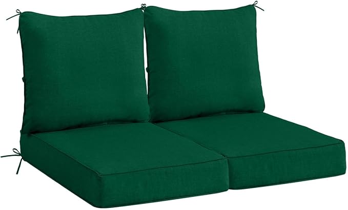 Sundale Outdoor Olefin Deep Seat Cushion Set of 2, Patio Chair Cushion and Pillow, Water-Resistant Sectional Sofa Pad with Straps Dark Green, 24 x 24 x 4 Inches